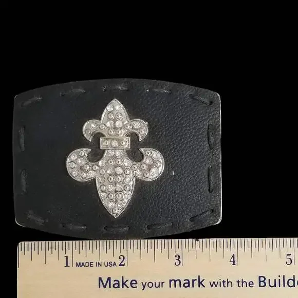 Vintage‎ Belt Buckle Black Leather Metal Back Fleur De Lis Goth Unisex